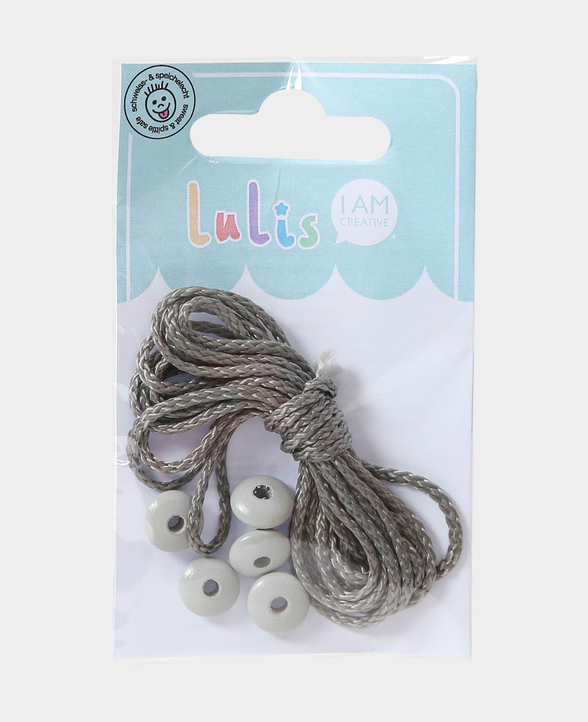 Cordon pour attaches-sucettes, gris, 1,5 m et 5 perles lentilles