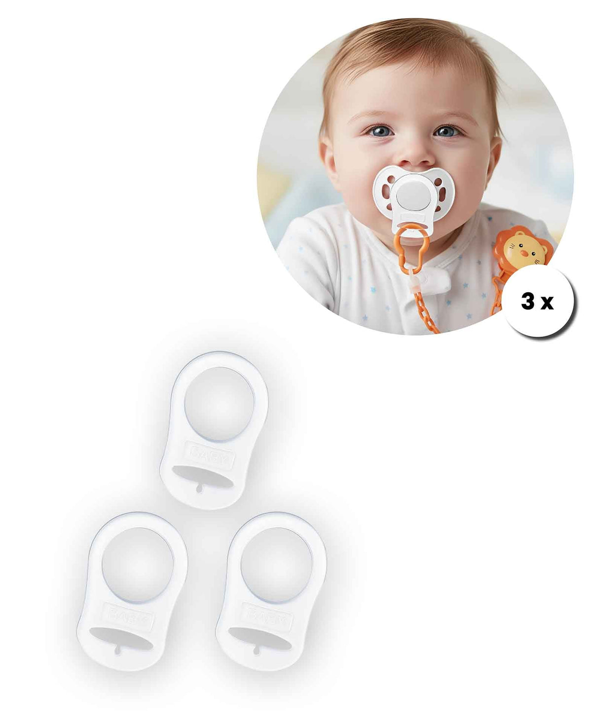 Anneau en silicone pour attache-sucette, Transparent, 4,7 x 3,2 cm, 3 pièces
