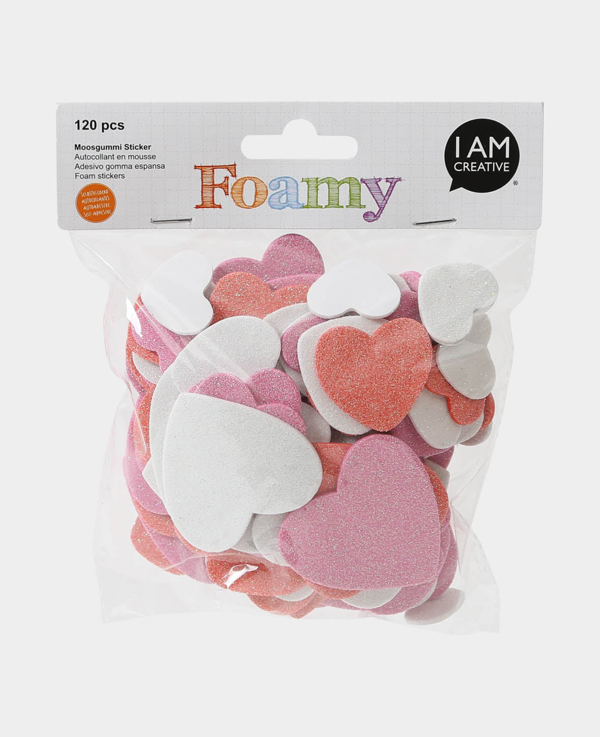 Cœurs en mousse pailletée, blanc, rose et rouge, ø 3-5 cm, 120 p.
