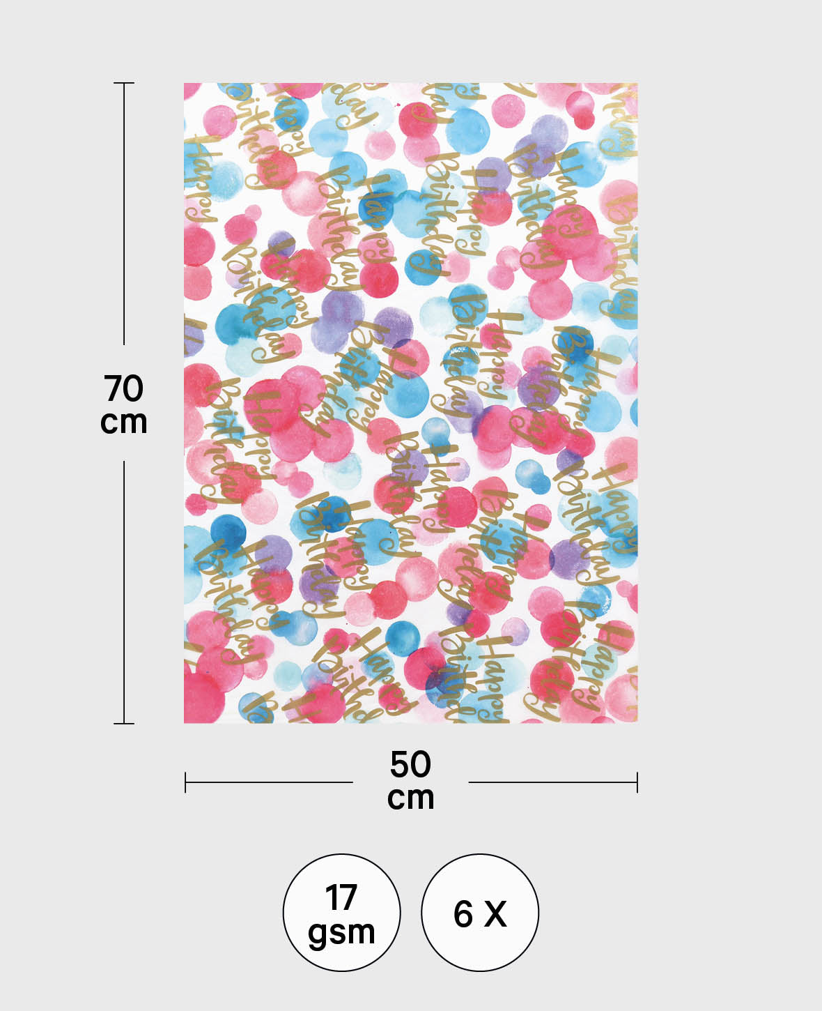 Blumenseide, Seidenpapier mit farbigem Happy Birthday Print, 50 x 70 cm, 6 Bögen, 17 g/m²