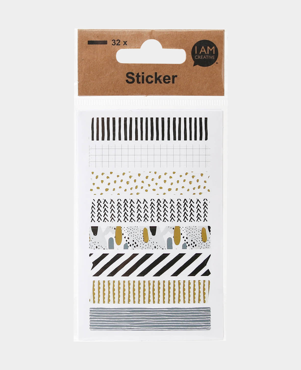 Stickerbogen mit acht assortieren bedruckten Klebestreifen, Schwarz, Weiss & Gold, ca. 1 x 6 cm, 32 Stk.