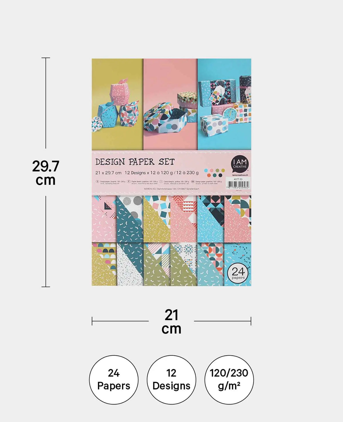 Designer Paper Set Graphic, paper pad with double-sided printed paper sheets in 12 different designs, A4, 120 g/m² - 230 g/m², 24 sheets