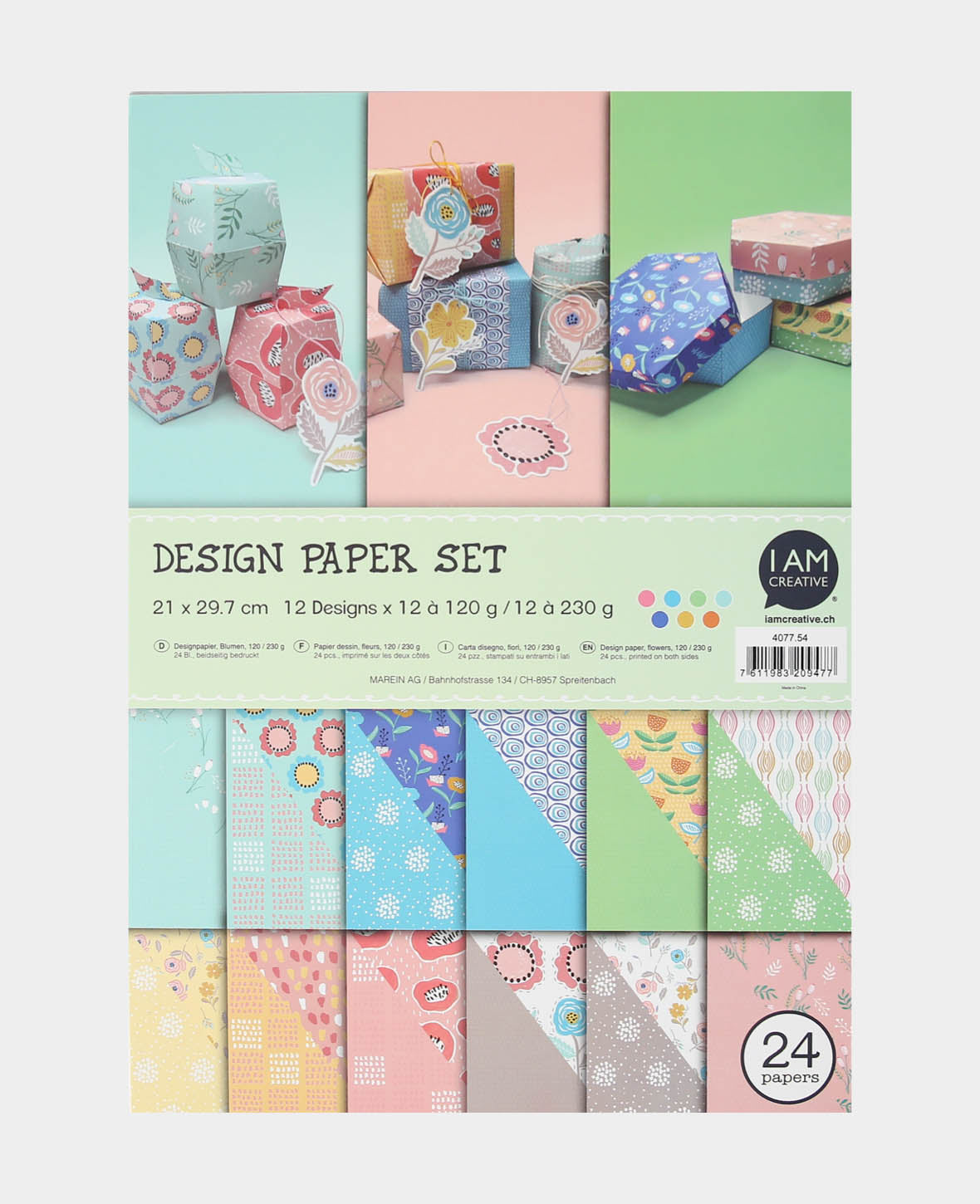 Design Papier Set Blumen, Papierblock mit beidseitig bedruckten Papierbögen in 12 verschiedenen Designs, A4, 120 g/m² - 230 g/m², 24 Blätter