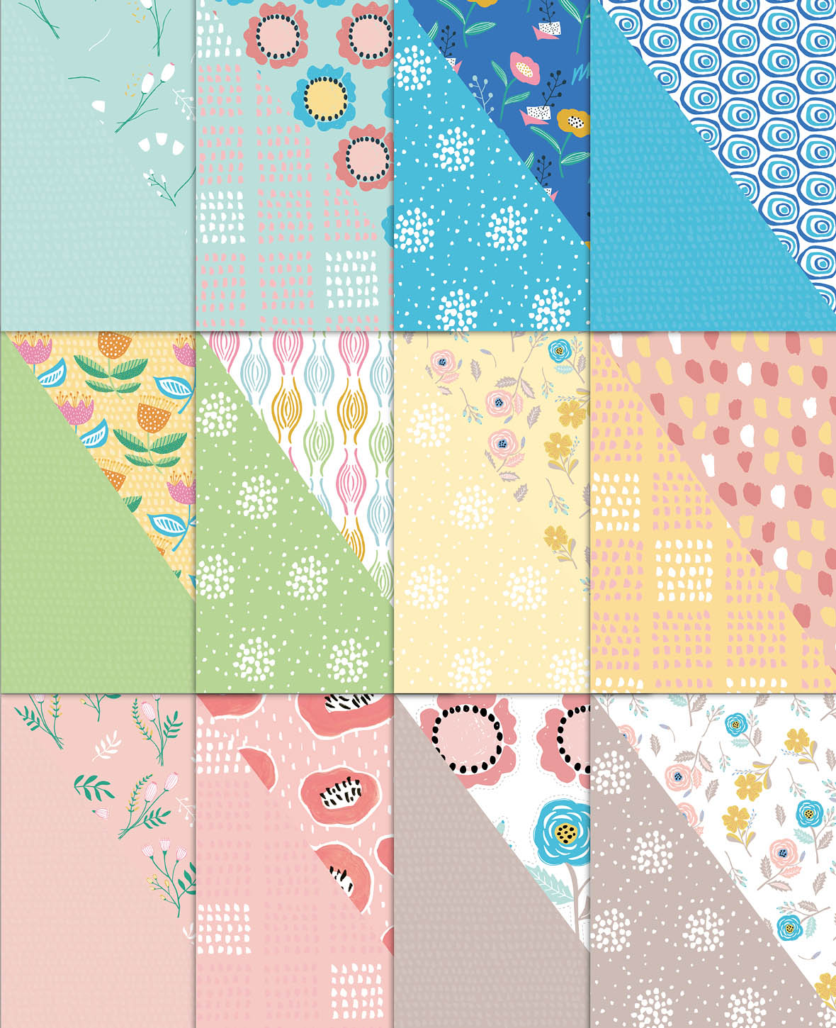Design Papier Set Blumen, Papierblock mit beidseitig bedruckten Papierbögen in 12 verschiedenen Designs, A4, 120 g/m² - 230 g/m², 24 Blätter