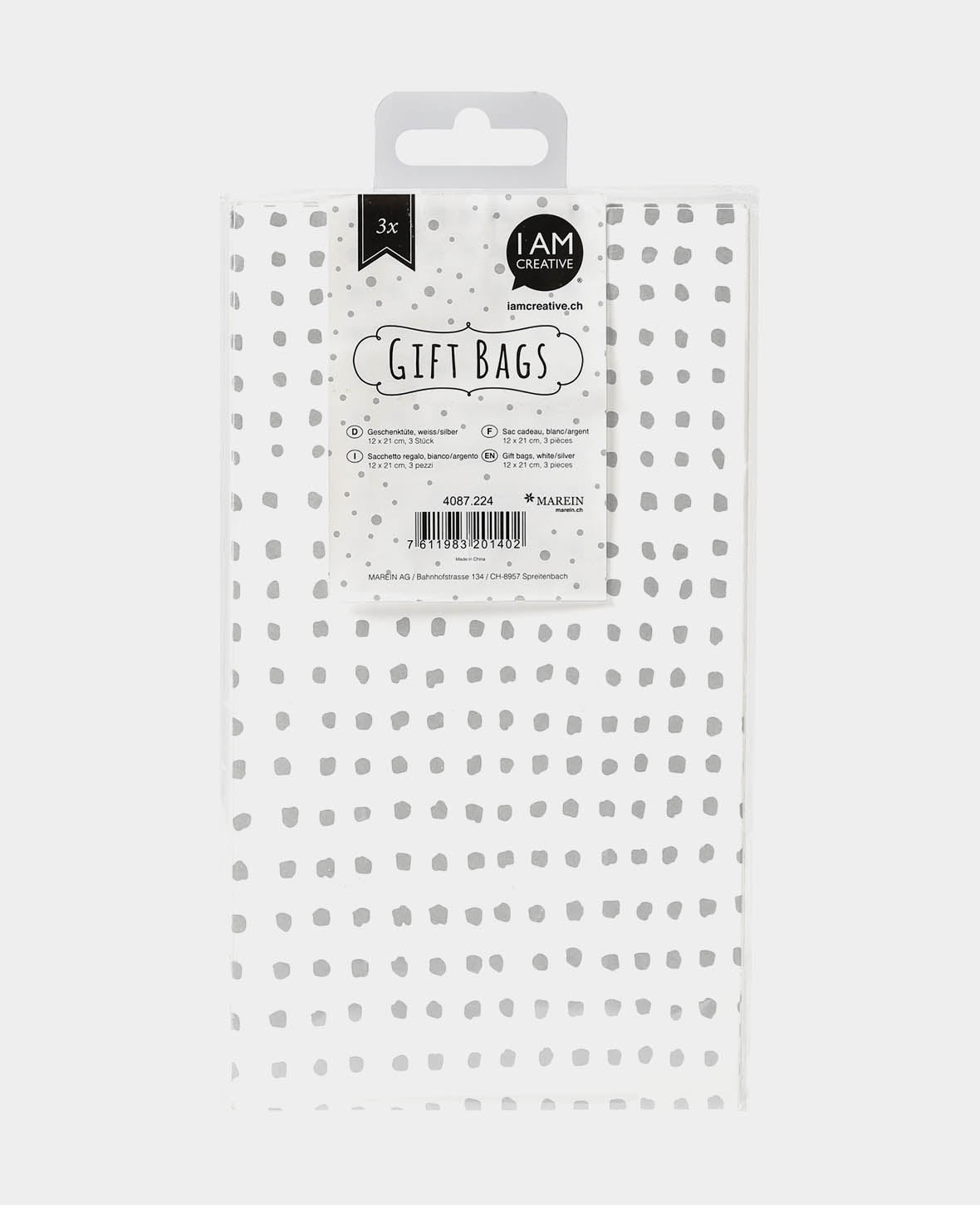 Sac cadeau blanc/argent, 12 x 21 cm, 3 p.