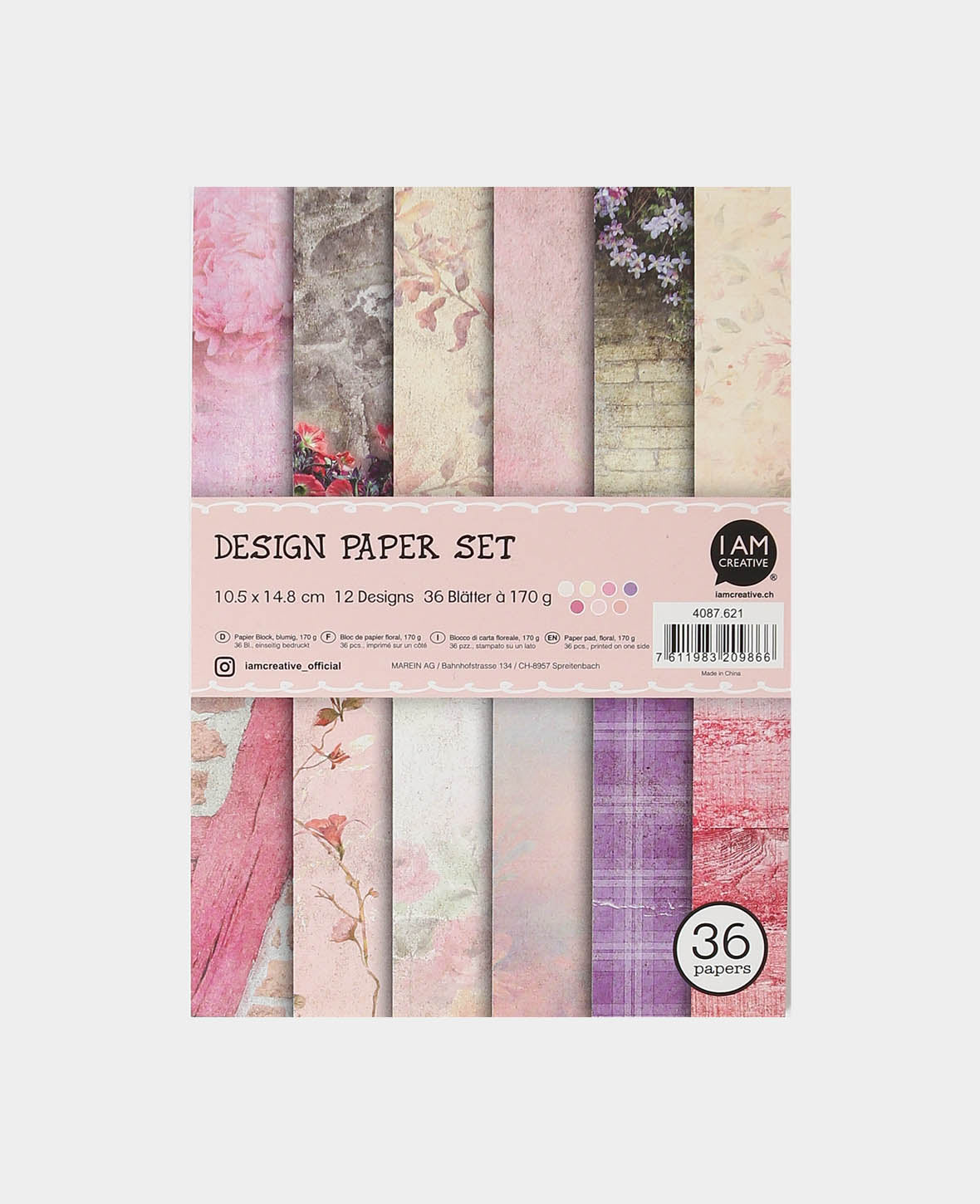 Design Papier Set blumig, Papierblock, einseitig bedruckt, 12 verschiedenen Designs, A6, 10.5 x 14.8 cm, 170 g/m², 36 Blätter