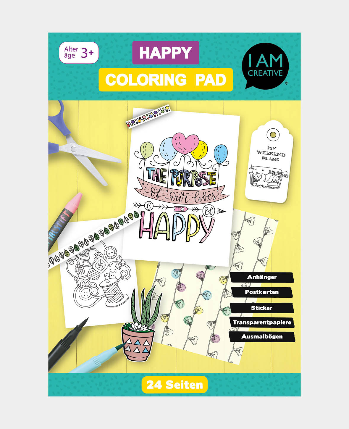 Ausmalblock Happy, Papierblock zum Ausmalen, 14.5 x 20.9 cm, 24 Blatt