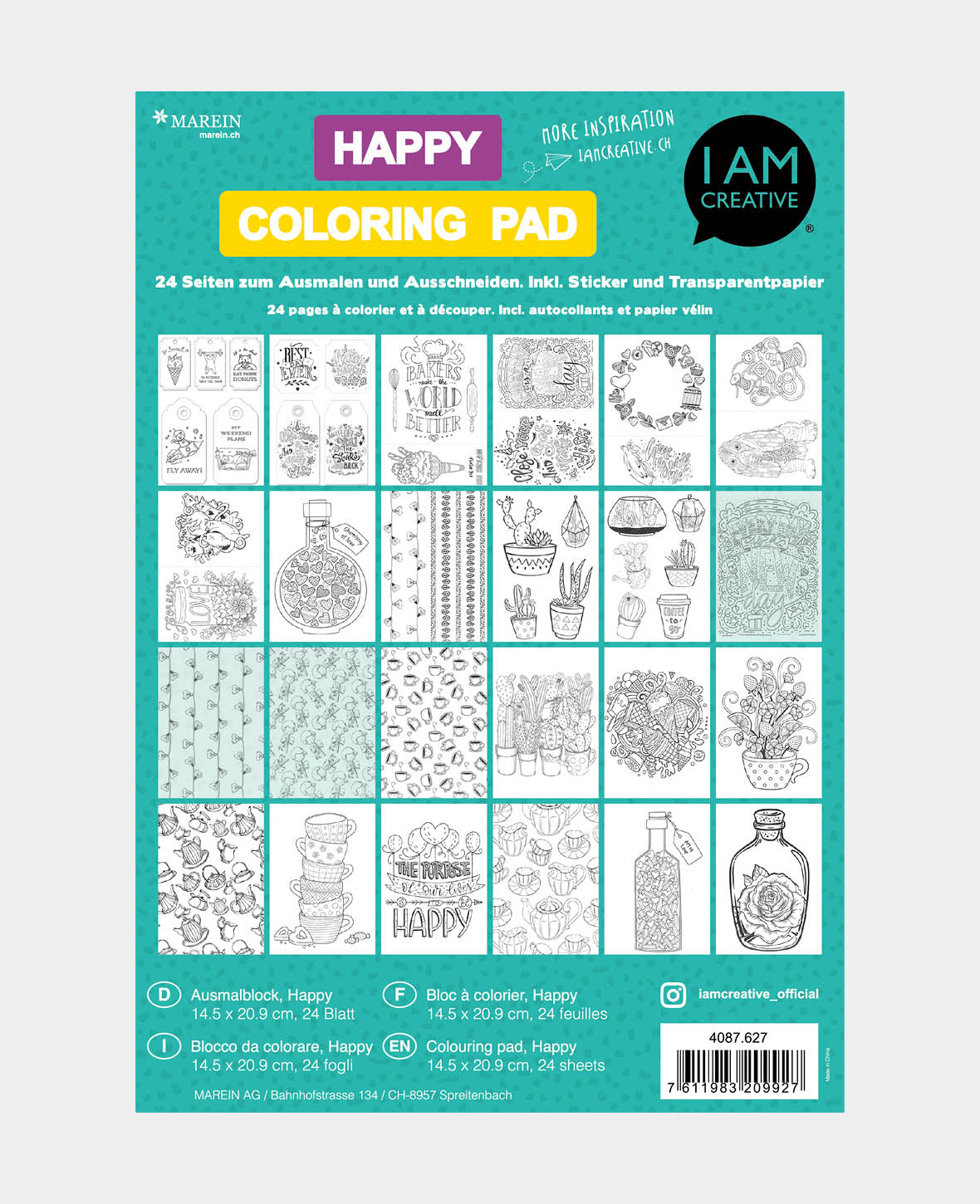 Ausmalblock Happy, Papierblock zum Ausmalen, 14.5 x 20.9 cm, 24 Blatt