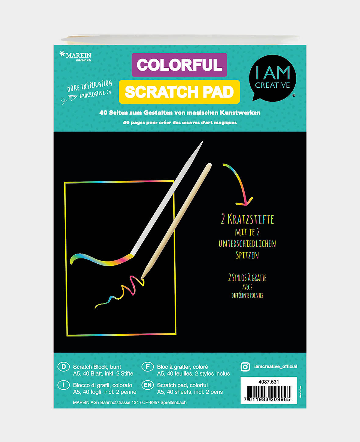 Scratch Block, Kratzblock, inkl. 2 Kratzstiften, Schwarz & Bunt, A5, 40 Blatt