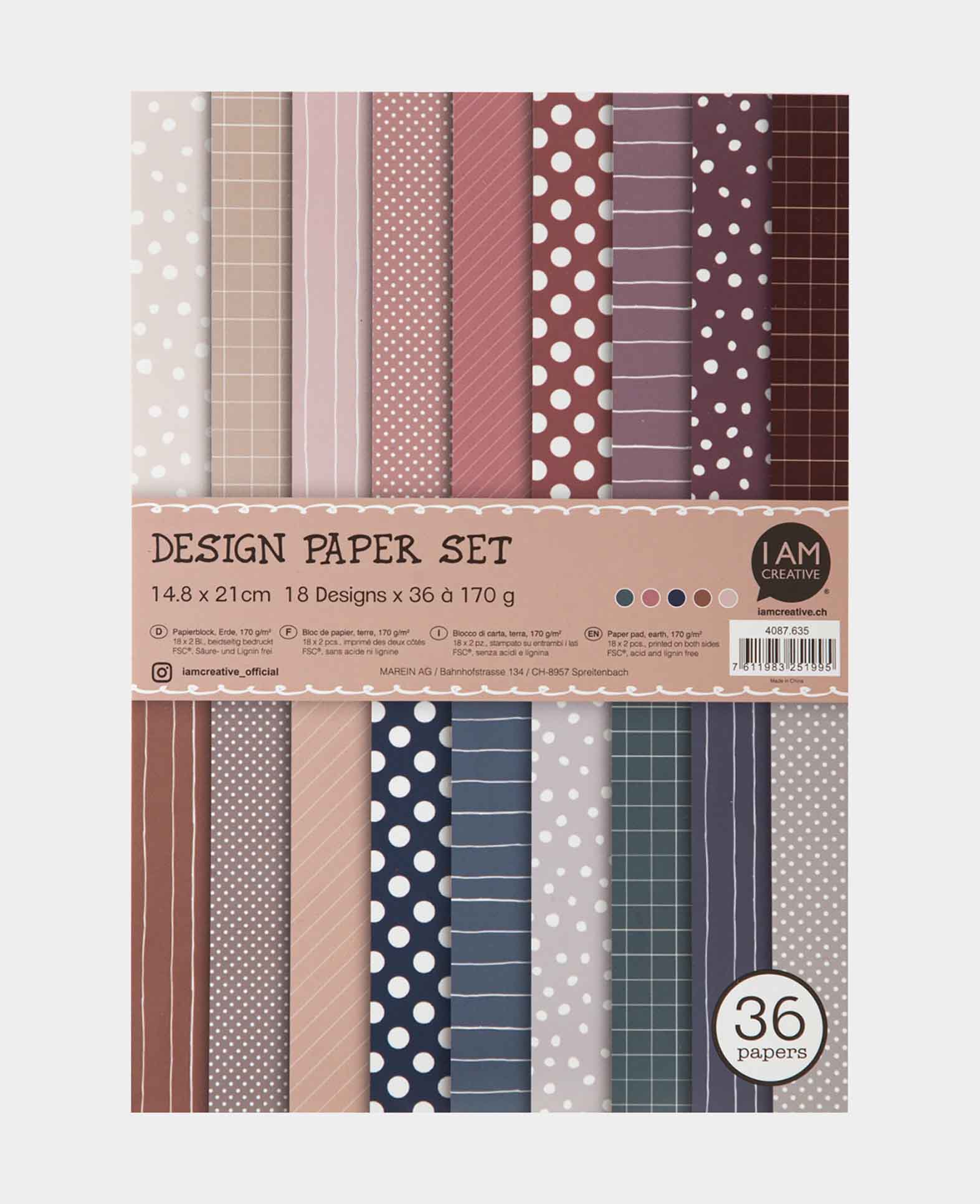 Design Papier Set Erde, Papierblock mit beidseitig bedruckten Papierbögen in 18 verschiedenen Designs, A5, 14.8 x 21 cm, 170 g/m², 36 Blätter