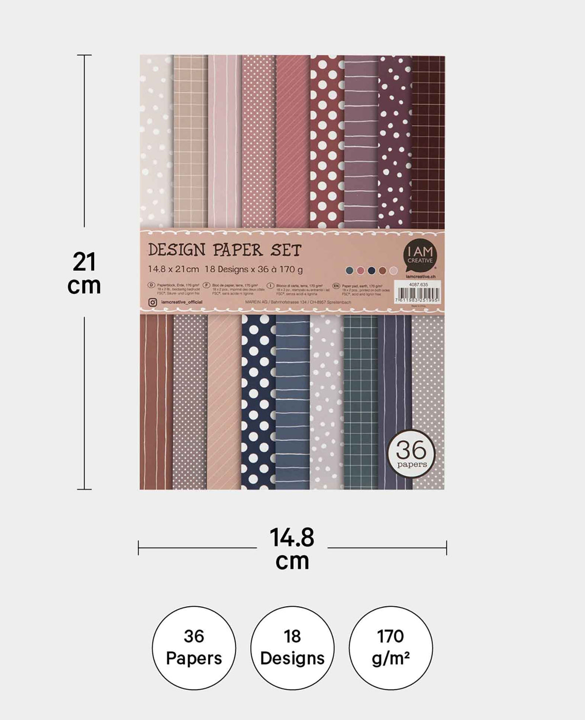 Design Papier Set Erde, Papierblock mit beidseitig bedruckten Papierbögen in 18 verschiedenen Designs, A5, 14.8 x 21 cm, 170 g/m², 36 Blätter