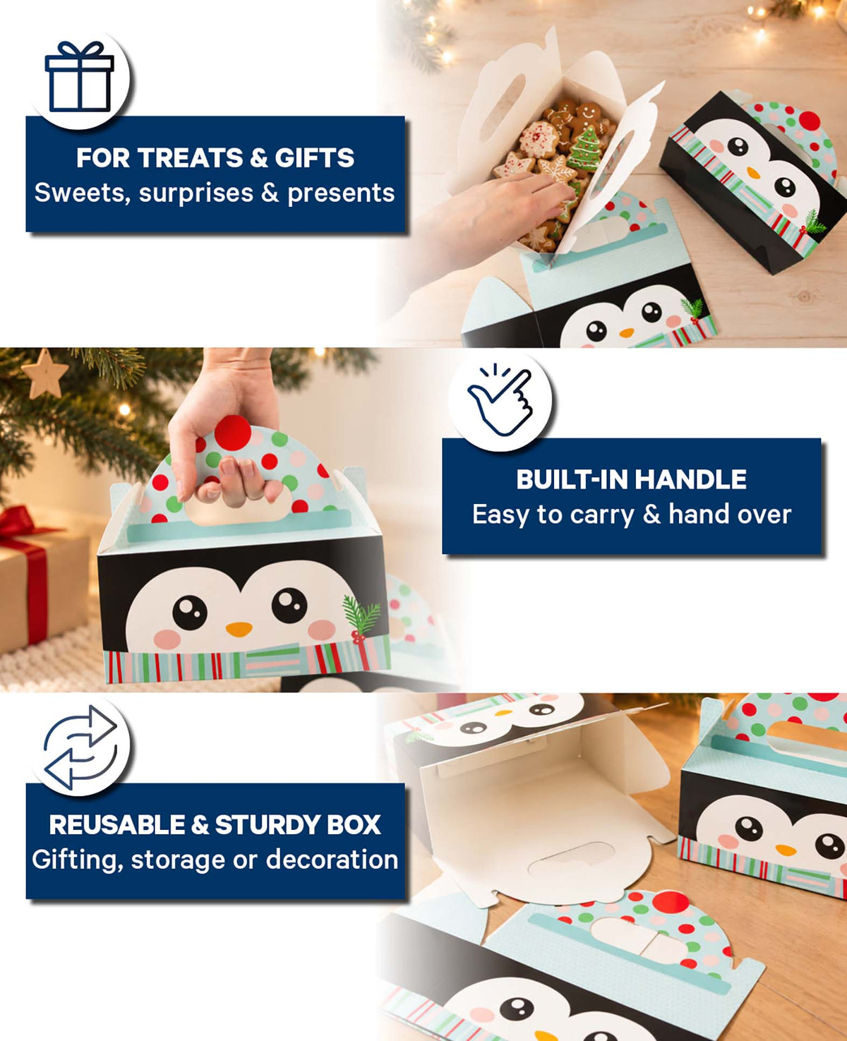 Weihnachtsgeschenkbox mit Henkel, Pinguin, Schwarz, Karton