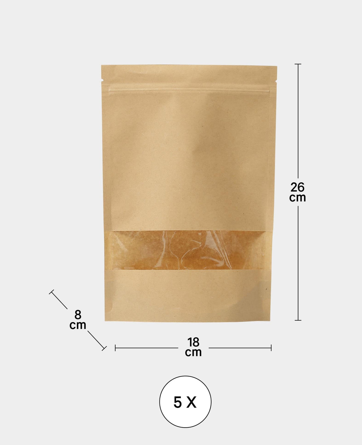 Sachets à fermeture zip, sacs en papier avec fenêtre de visualisation étroite et fermeture zip, marron, 18 x 26 x 8 cm, 5 pièces.