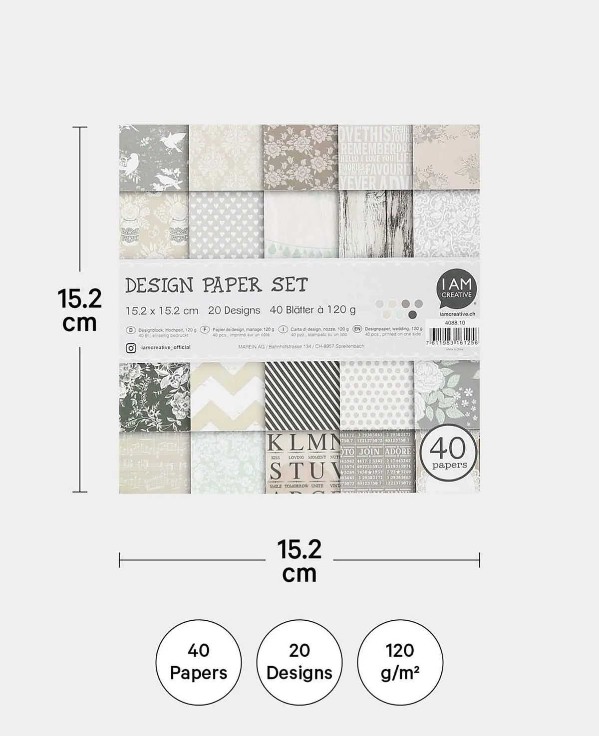 Wedding Design Paper Set, Paper Pad with Single-Sided Printed Sheets in 20 Different Designs, 15.2 x 15.2 cm, 120 gsm, 40 Sheets