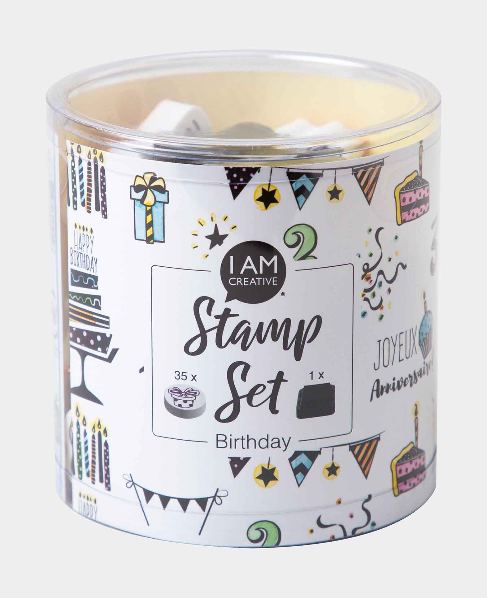 Set de tampons d'anniversaire, avec encreur, env. 1.2 x 5.5 cm, 35 pièces