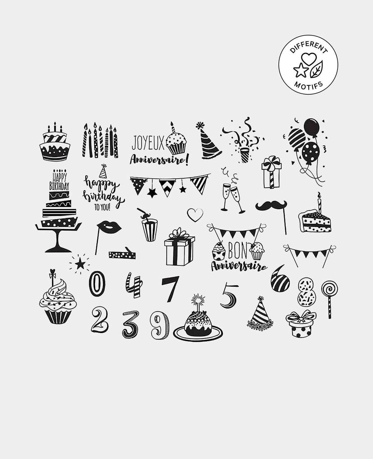 Set de tampons d'anniversaire, avec encreur, env. 1.2 x 5.5 cm, 35 pièces