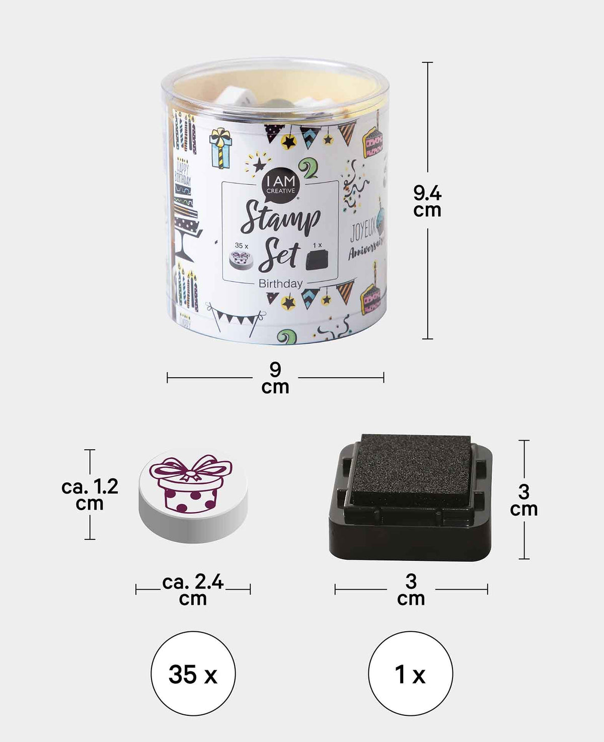Set de tampons d'anniversaire, avec encreur, env. 1.2 x 5.5 cm, 35 pièces