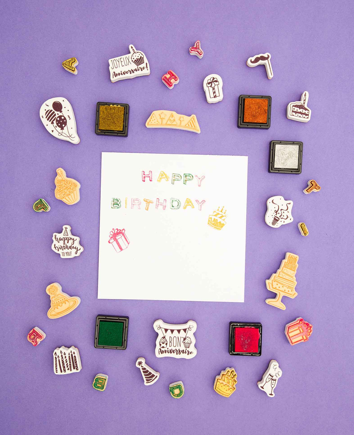 Set de tampons d'anniversaire, avec encreur, env. 1.2 x 5.5 cm, 35 pièces