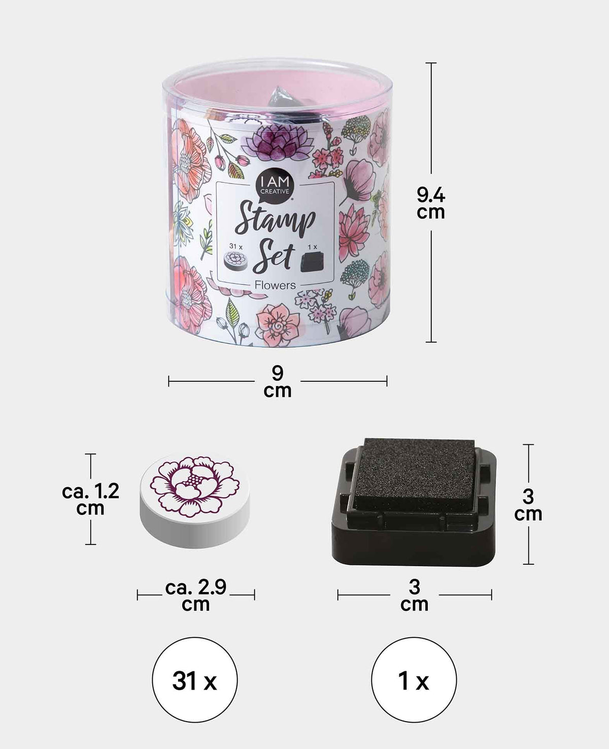 Kit de tampons Fleurs, avec encreur, env. 1 x 4,5 cm, 31 pièces