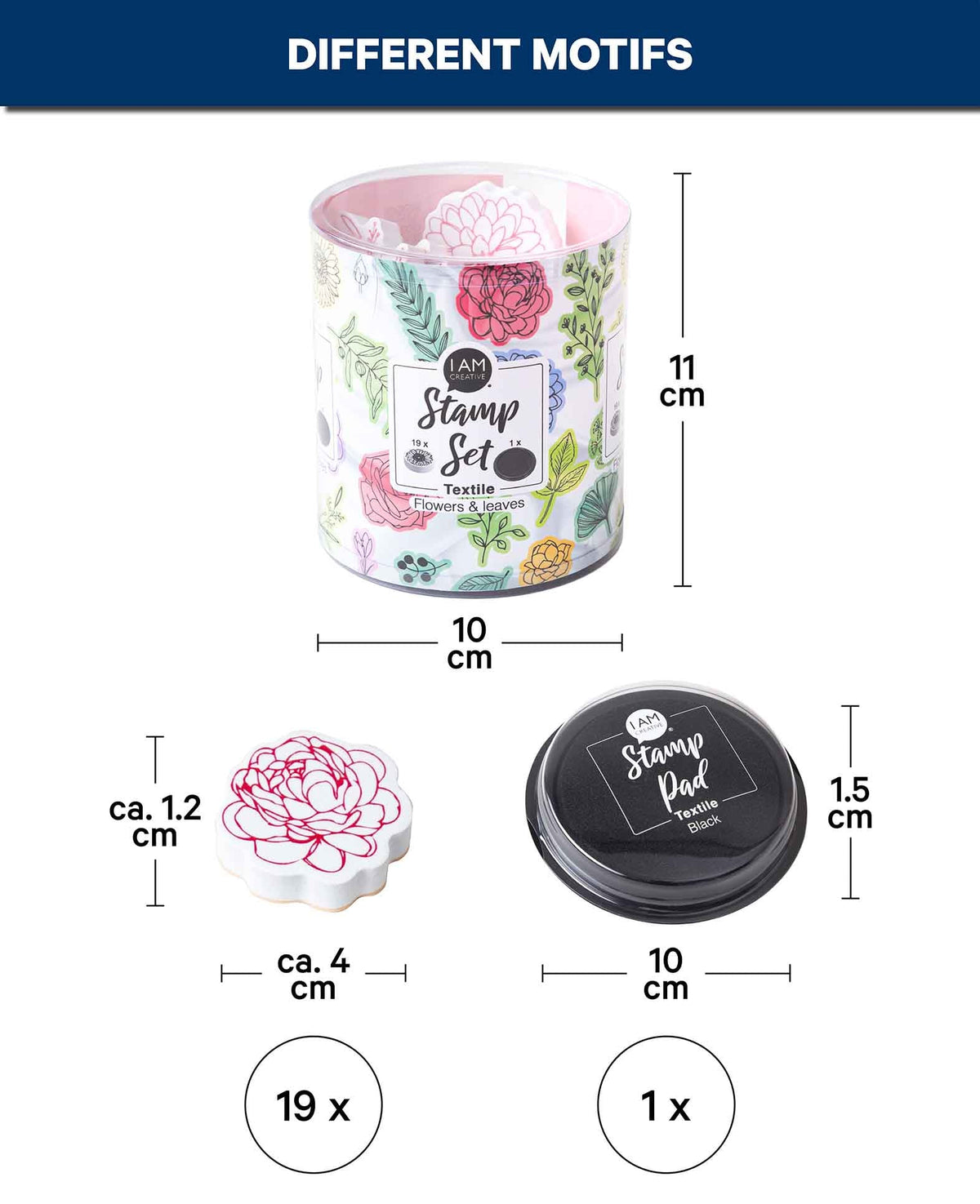 Set de tampons textiles Fleurs & Feuilles, avec encrier, 20 pièces