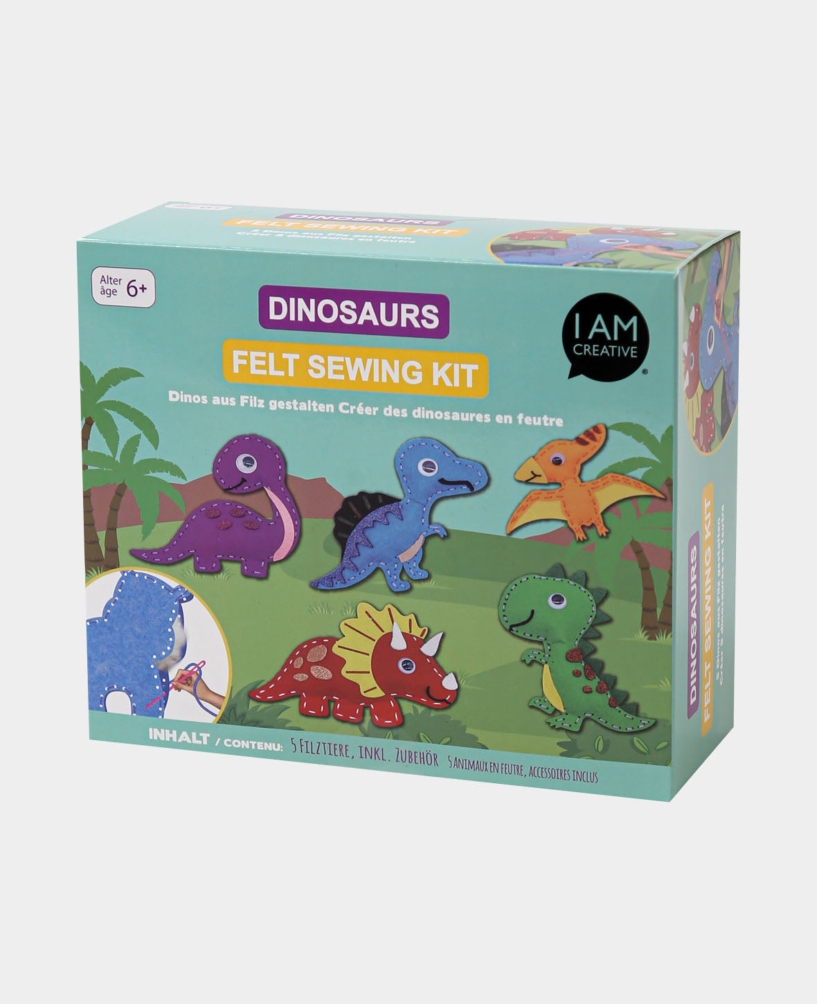 Filznähset Dinos, Komplettset inkl. Zubehr & Anleitung, Kinder ab 6 Jahren, Bunt, 49tlg.