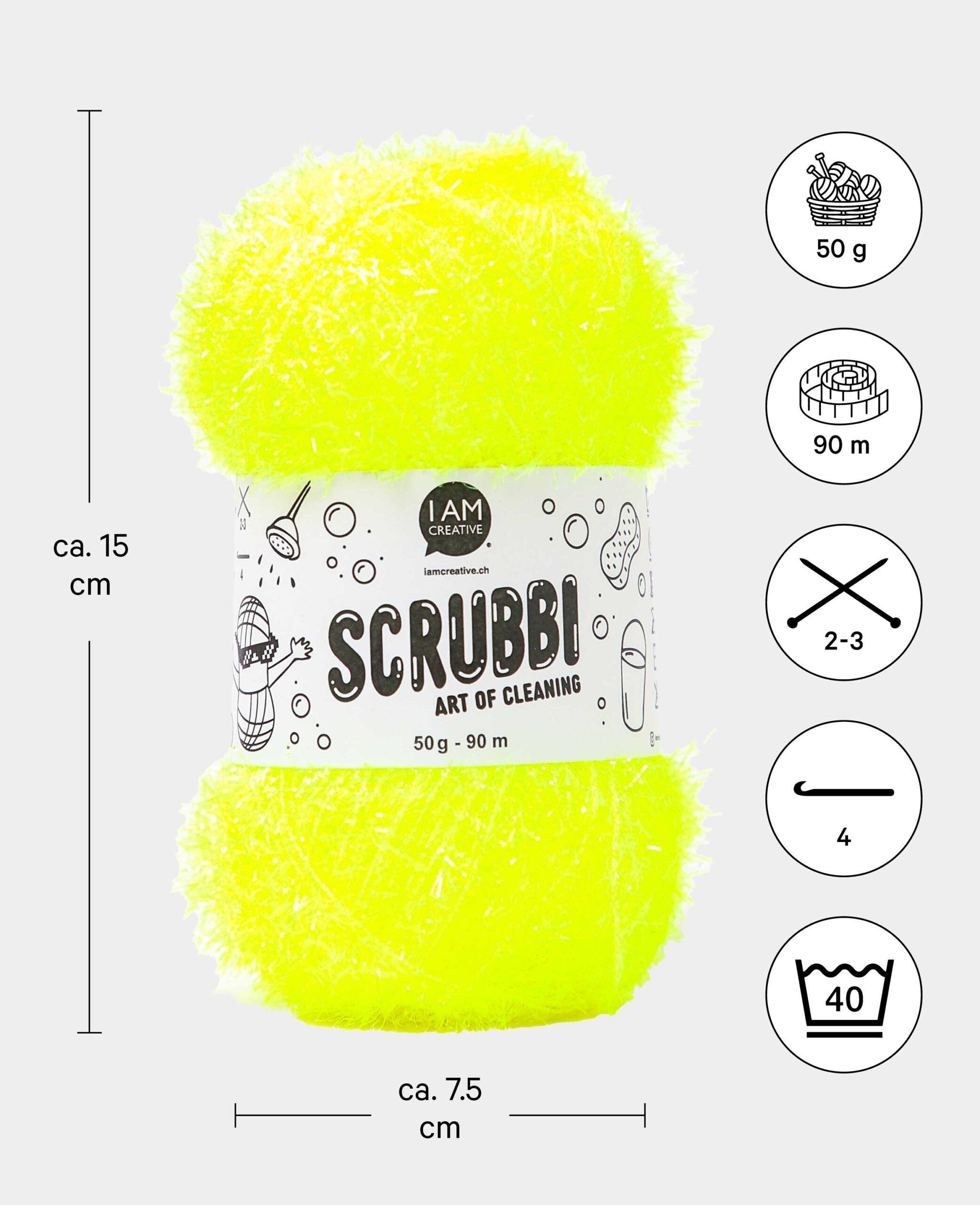 Scrubbi, Garn zum Häkeln & Stricken von Spülschwämmen, neongelb, 50 g, 90 m