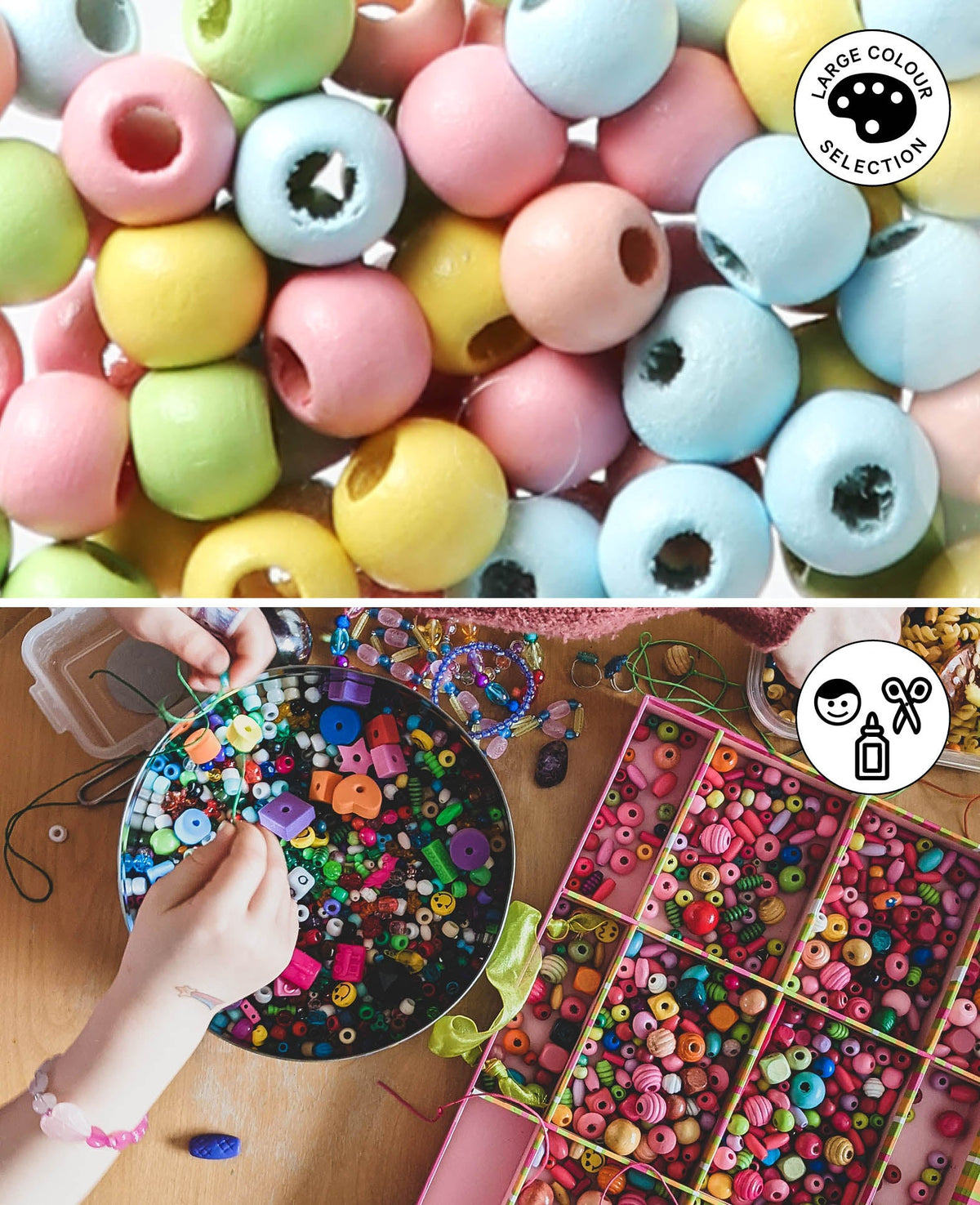 Mélange de perles en bois Ø 6 mm, avec trou Ø 2 mm, coloris pastel, 125 pces.