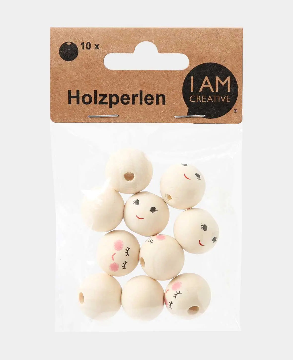 Wooden beads with dreaming face, Ø 20 mm, natural, 2 x 5 pcs.