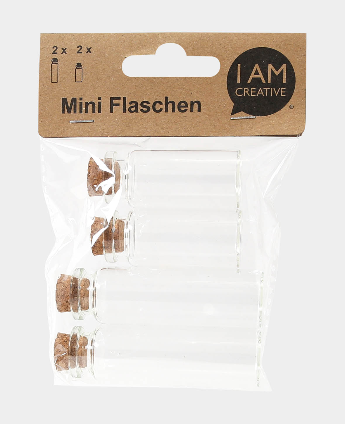 Mini bottles with cork stoppers, ø 2 x 5 cm & ø 2 x 7 cm, Transparent, 4 pcs.