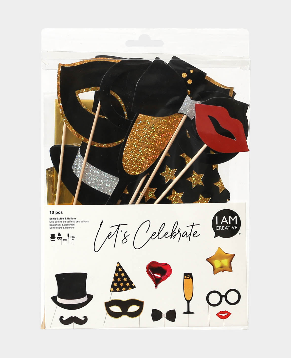 Party Selfiestick-Set, Requisiten-Set für Fotobox Fotoaufnahmen, ca. 28 cm, 10 tlg.