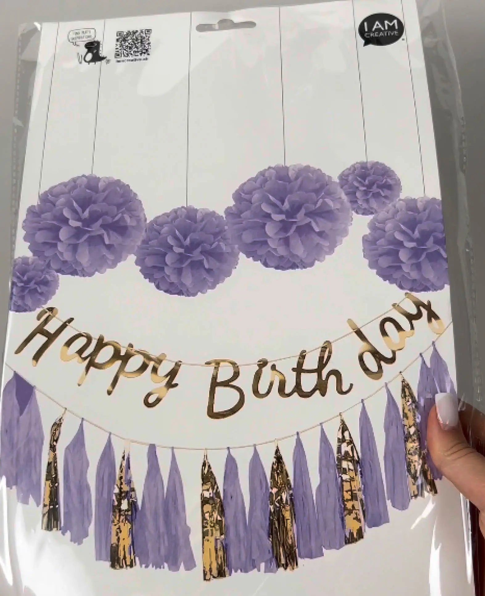 Party Dekorationsset mit Pompons, Happy Birthday Girlande und Quastengirlande, Lavendel/Gold