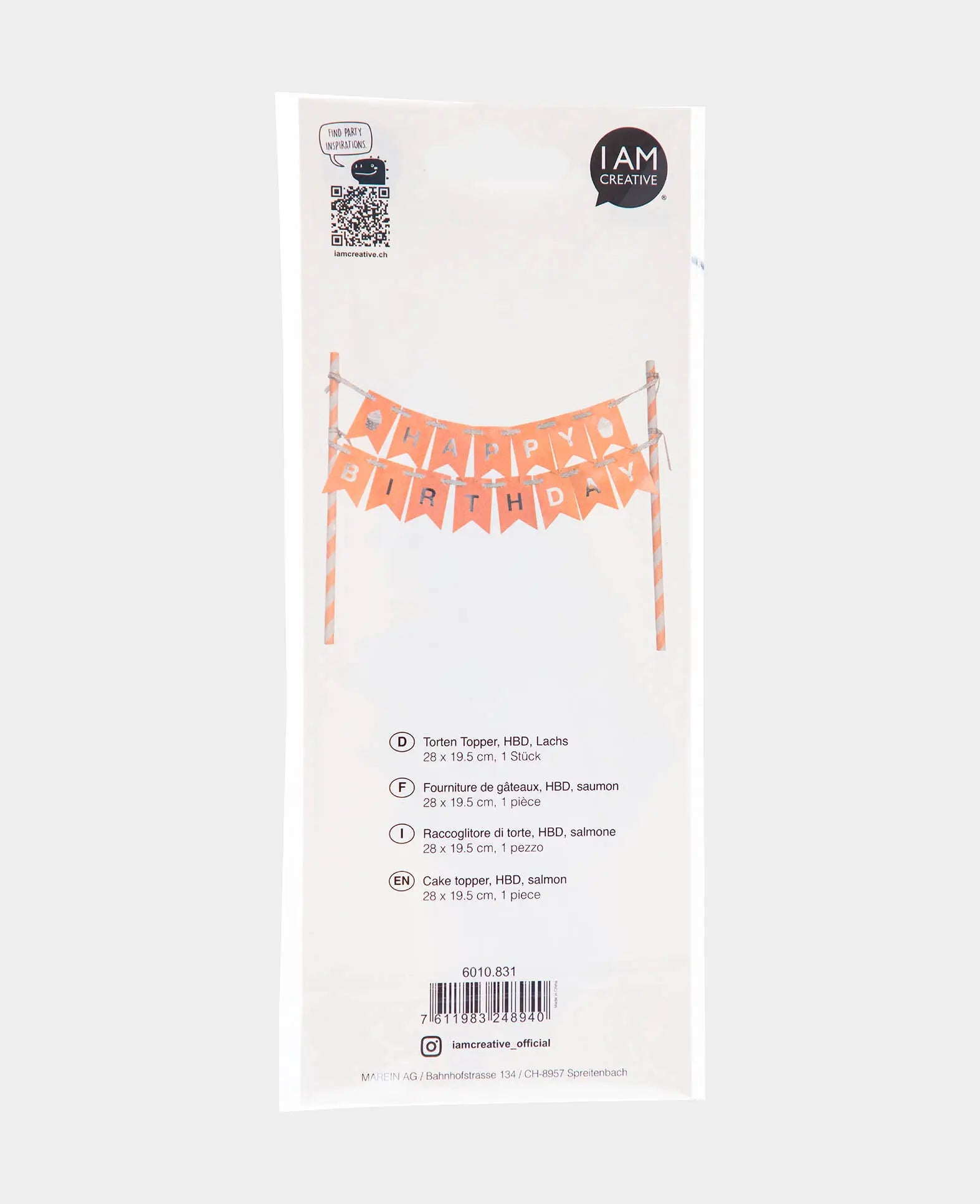 Torten Topper "Happy Birthday", Lachs/Silber