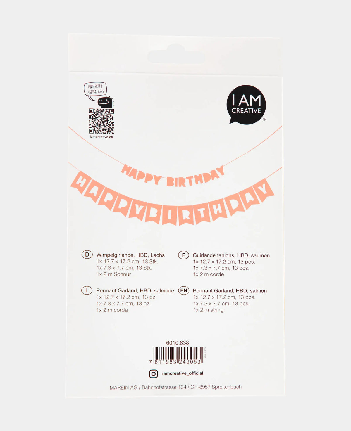 Wimpelgirlande "Happy Birthday" zum Aufhängen, lachsfarben, 230 cm, 2 Stk.