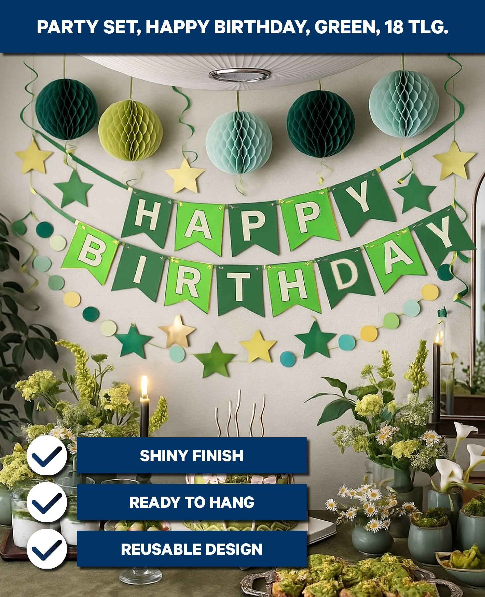 Kit de fête, Joyeux Anniversaire, vert, 18 pièces