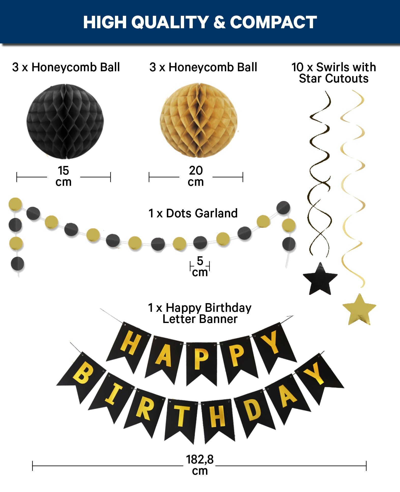 Party Set, Happy Birthday, schwarz/gold, 18 tlg.