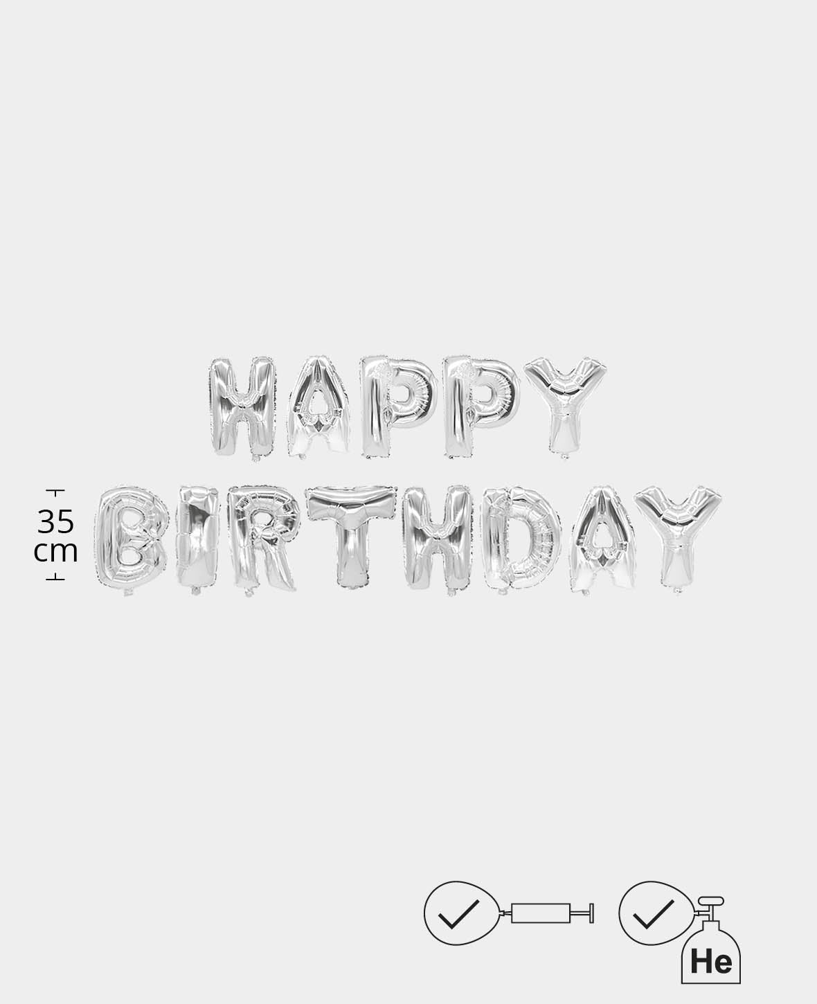 Let's Celebrate, 13 ballons de baudruche argentés lettres HAPPY BIRTHDAY, 35 cm avec 2 pailles de gonflage