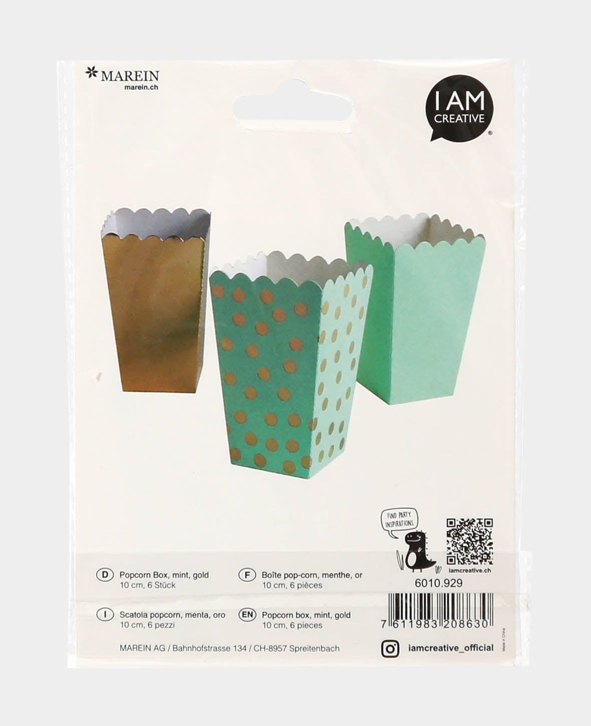 Popcorn Box, Mint / Gold, 10 cm, 6 Stk.