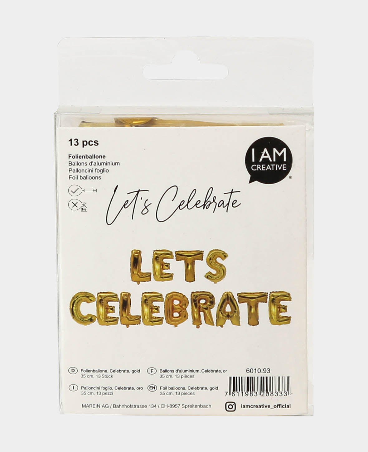 Let’s Celebrate, 13 ballons lettres dorées LETS CELEBRATE, 35 cm avec 2 pailles de gonflage