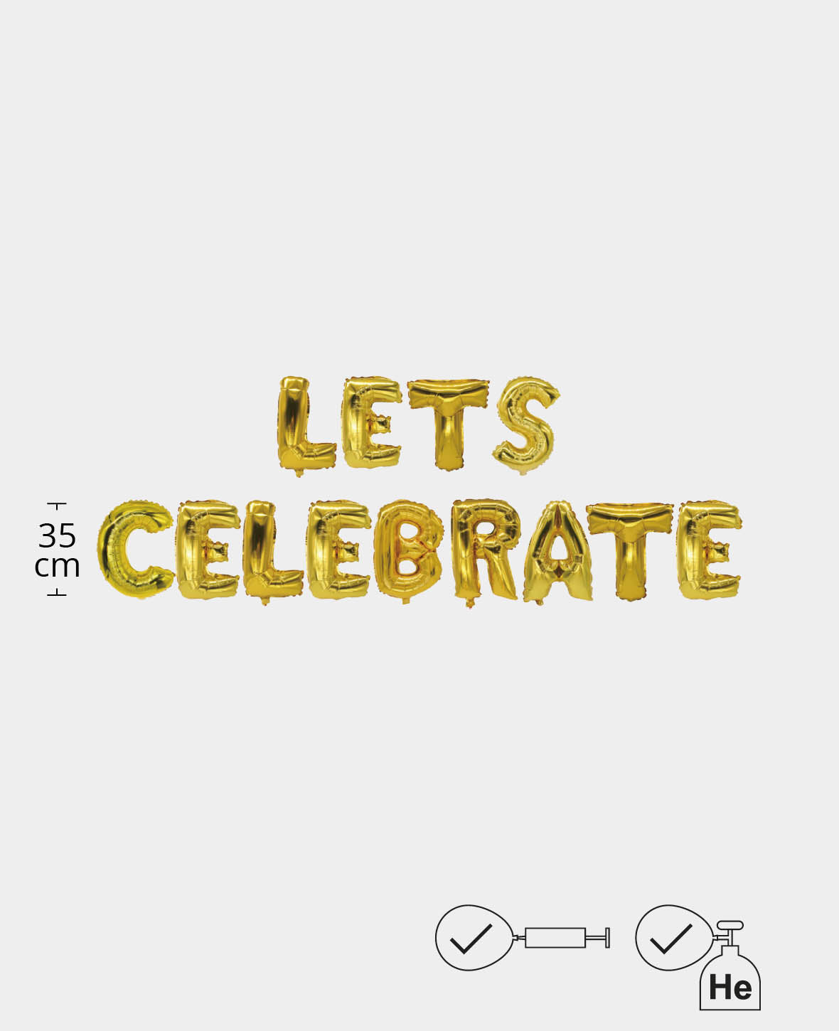 Let’s Celebrate, 13 ballons lettres dorées LETS CELEBRATE, 35 cm avec 2 pailles de gonflage