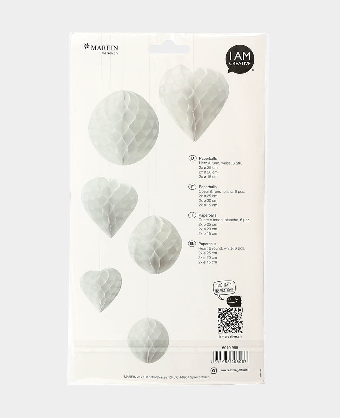 Paperballs Herz & rund weiss, 6 Stk.