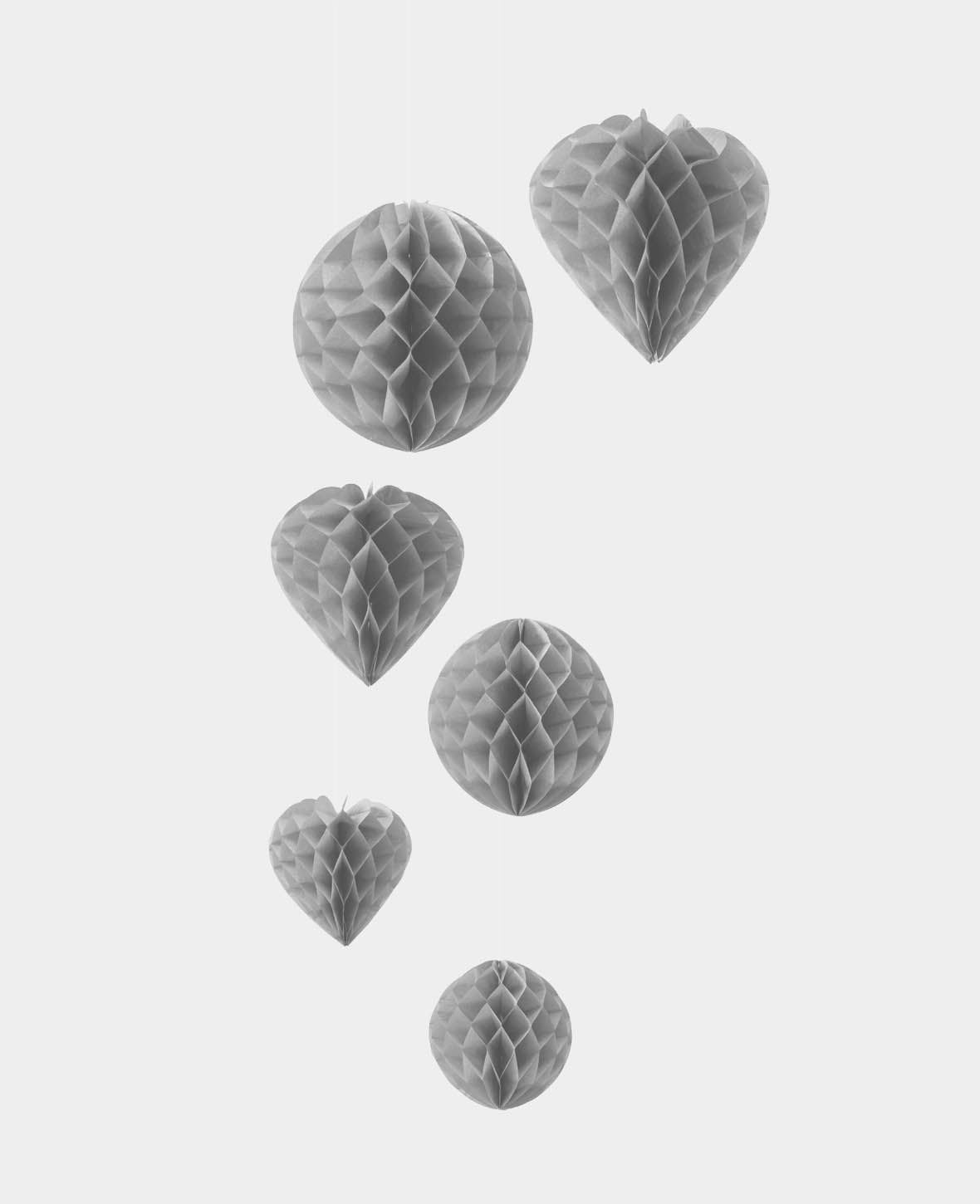 Boules de papier cœur et rond argenté, 6 pièces