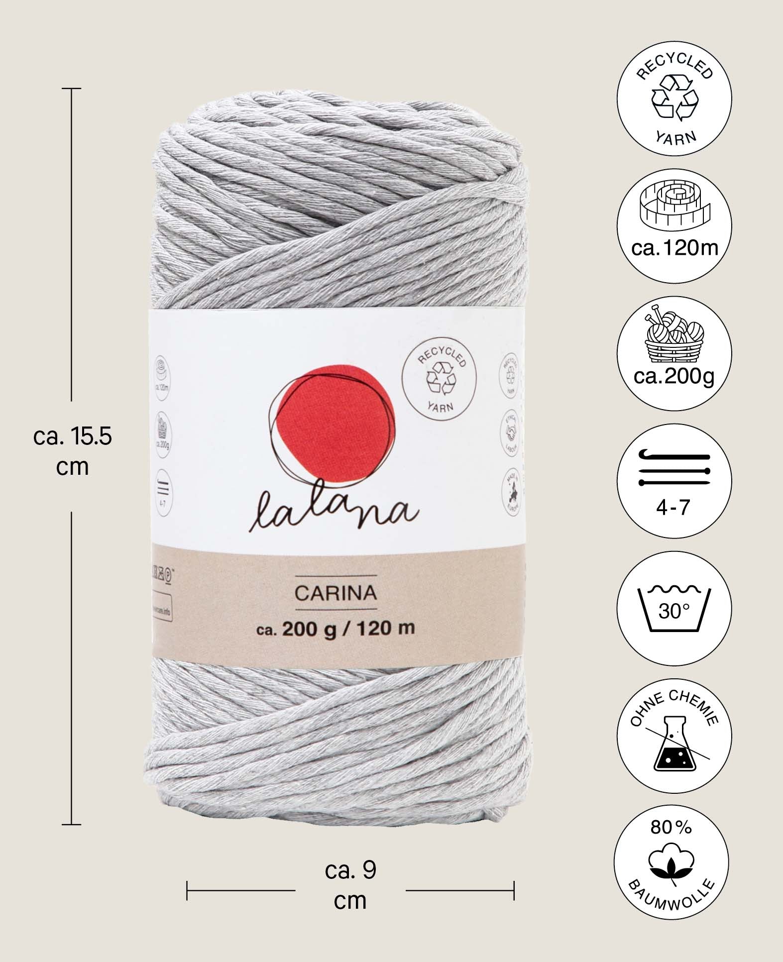 Carina light gray, Lalana Yarn for Crochet, Knitting, Weaving & Macrame Projects, Light Gray, 3 mm x approx. 120 m, approx. 200 g