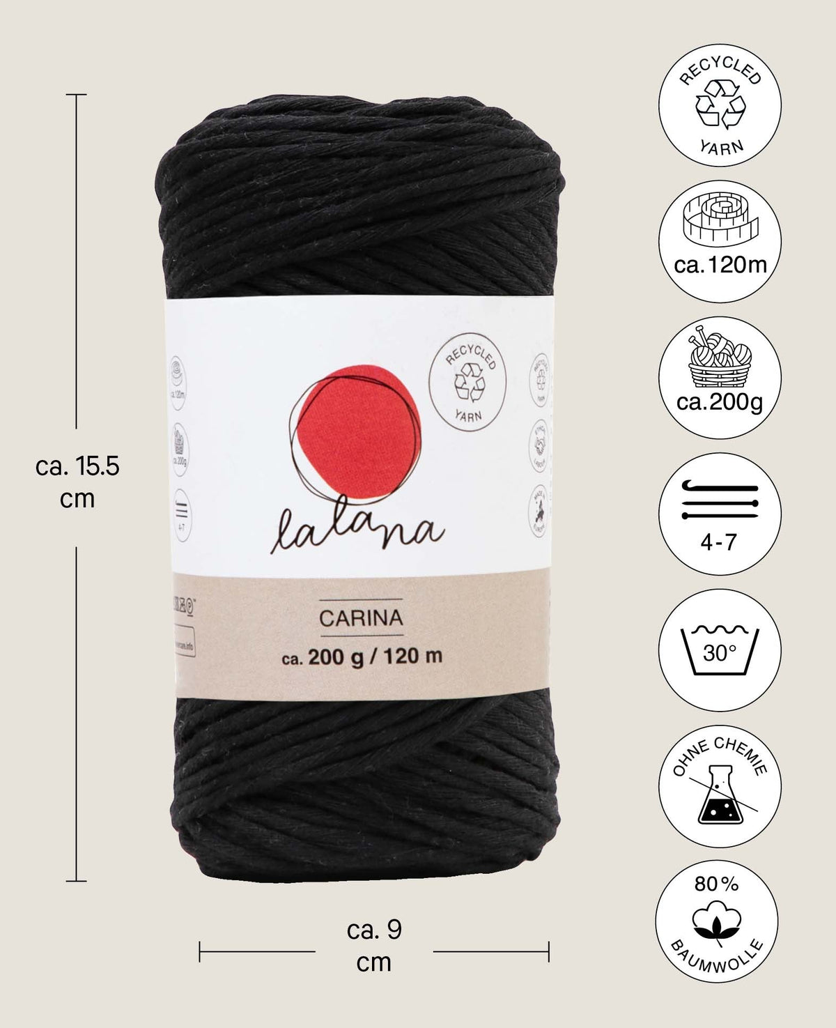 Carina noire, fil Lalana pour projets de crochet, tricot, tissage et macramé, noir, 3 mm x environ 120 m, environ 200 g