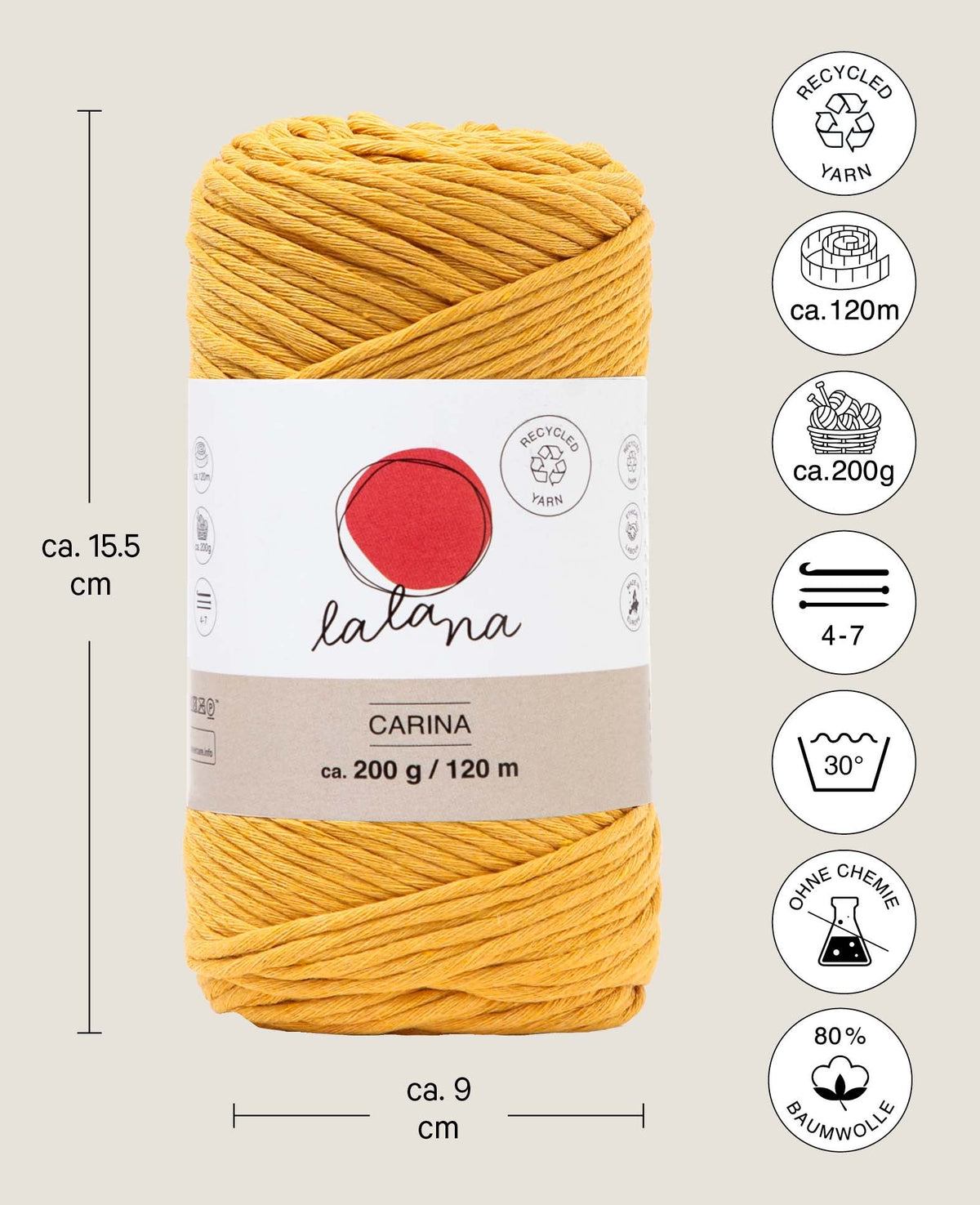 Carina Mustard, Yarn for Crochet, Knitting, Weaving & Macrame Projects, Mustard Yellow, 3 mm x approx. 120 m, approx. 200 g