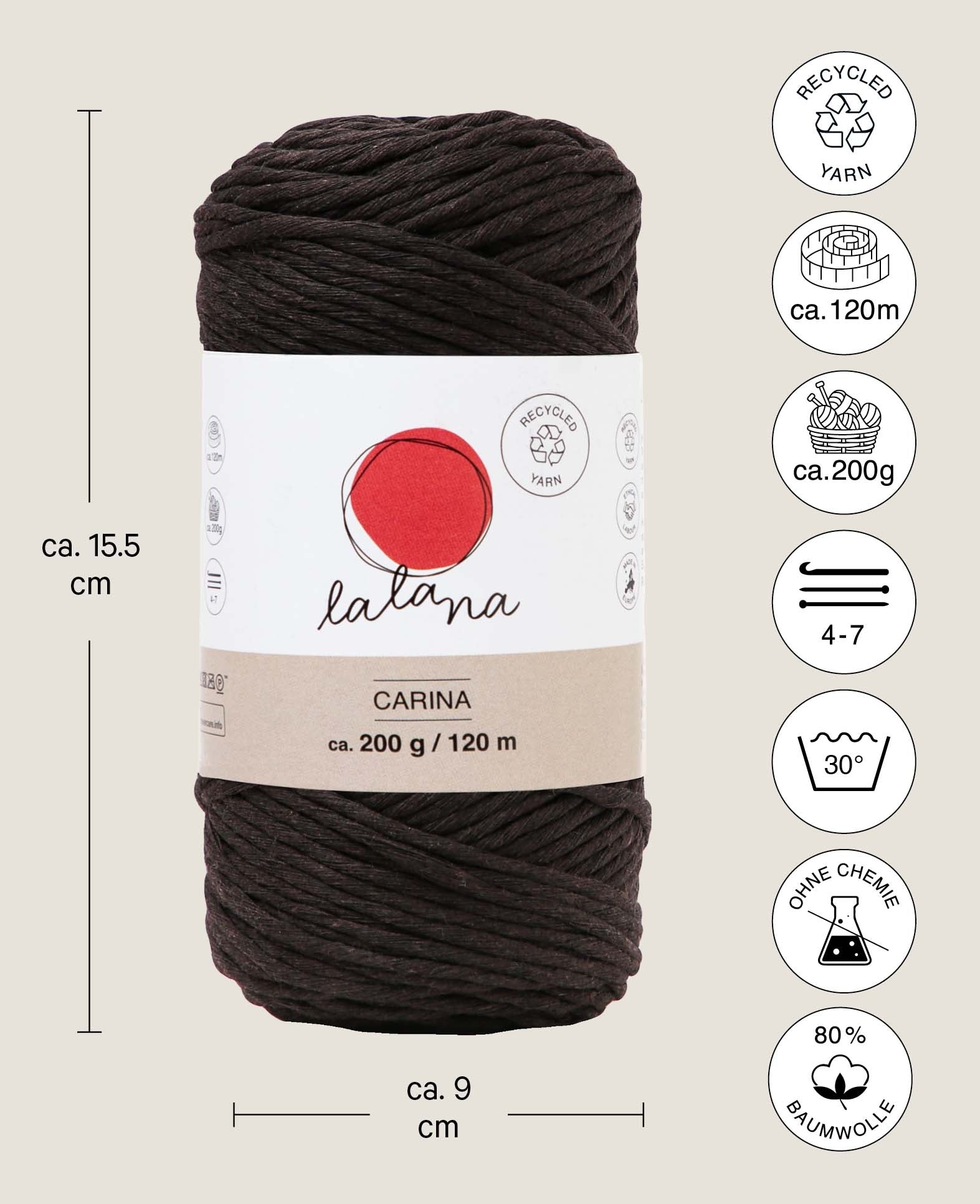 Carina brown, Lalana Garn für Häkeln, Stricken, Weben & Makramee Projekte, Braun, 3 mm x ca. 120 m, ca. 200 g