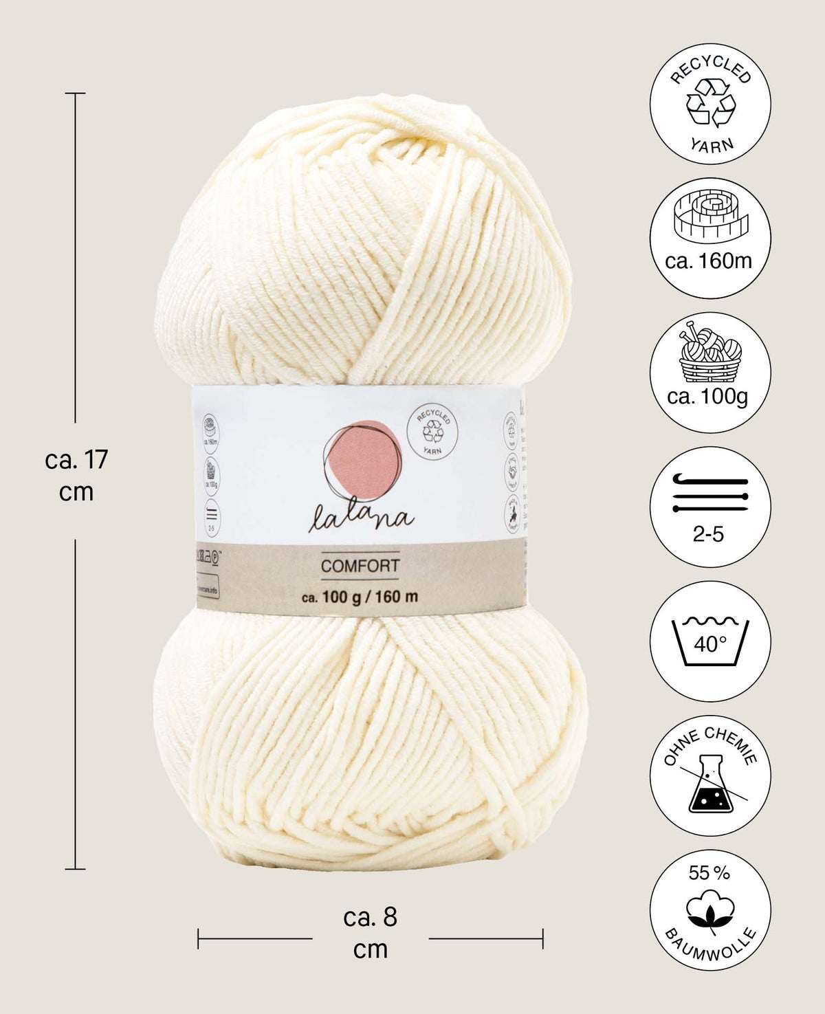 Comfort cream, Lalana Cremefarbe, 3 mm x ca. 160 m, ca. 100 g