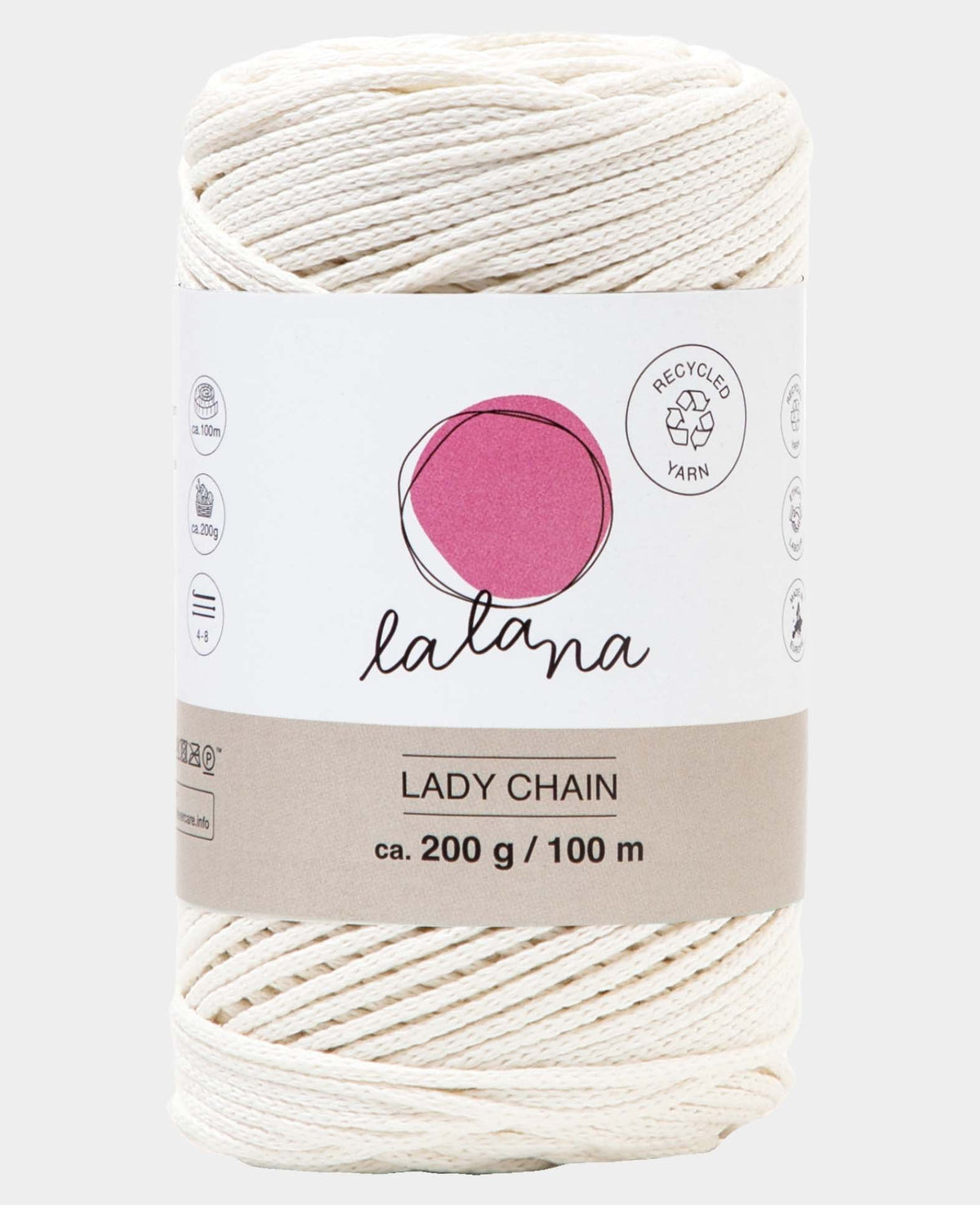 Lady Chain cream, Lalana Kettengarn zum Häkeln, Stricken, Knüpfen & Makramee Projekte, Cremefarbe, ca. 2 mm x 100 m, ca. 200 g