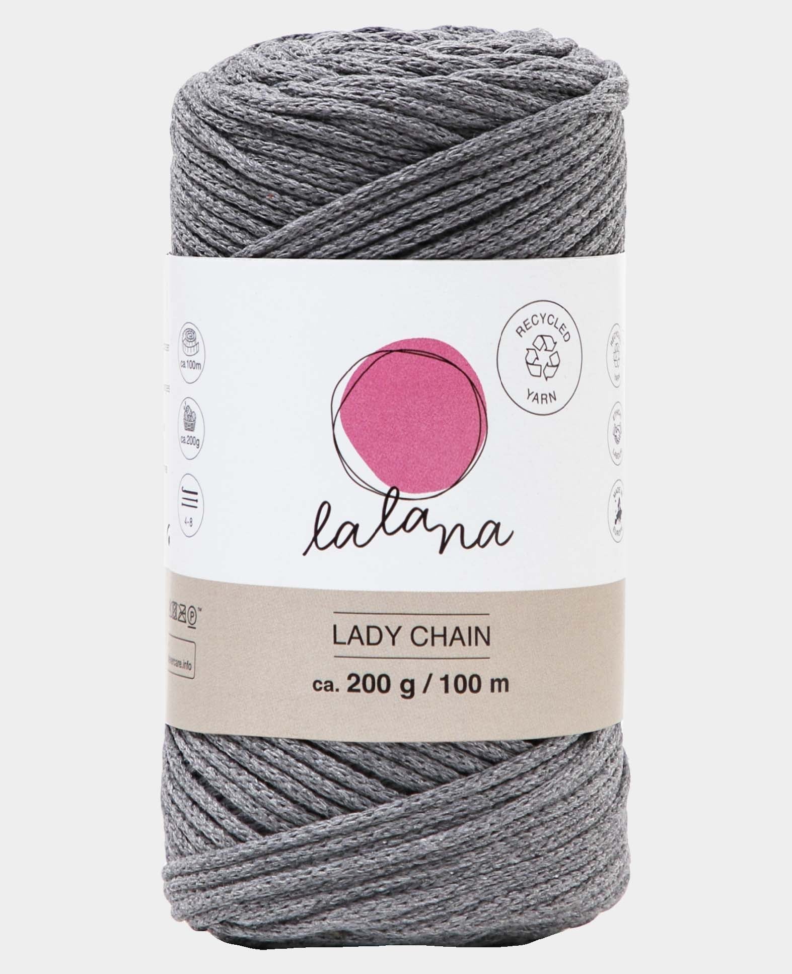 Lady Chain dark grey, Lalana Kettengarn zum Häkeln, Stricken, Knüpfen & Makramee Projekte, Dunkelgrau, ca. 2 mm x 100 m, ca. 200 g