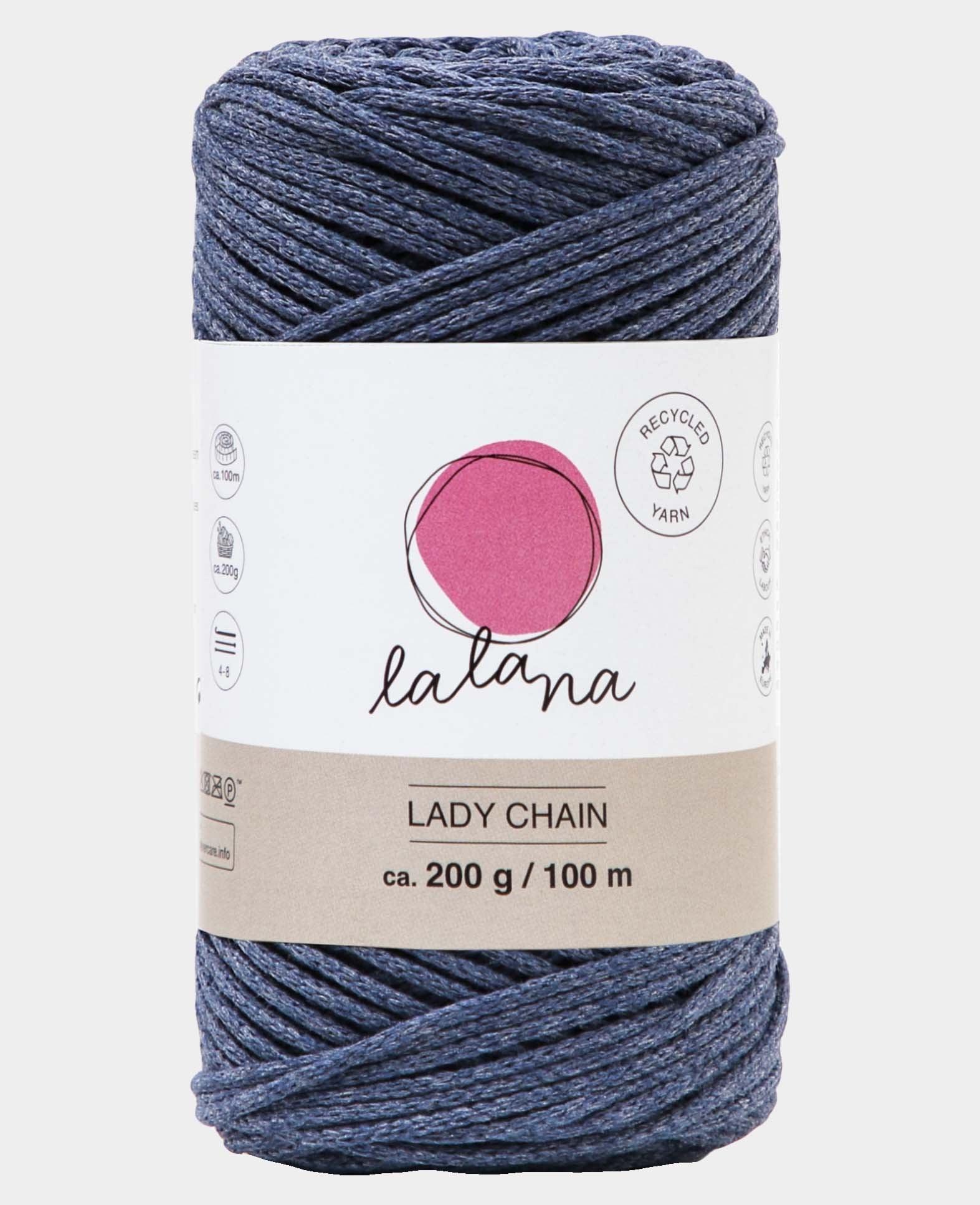Lady Chain jeans, Lalana Kettengarn zum Häkeln, Stricken, Knüpfen & Makramee Projekte, Blaugrau, ca. 2 mm x 100 m, ca. 200 g