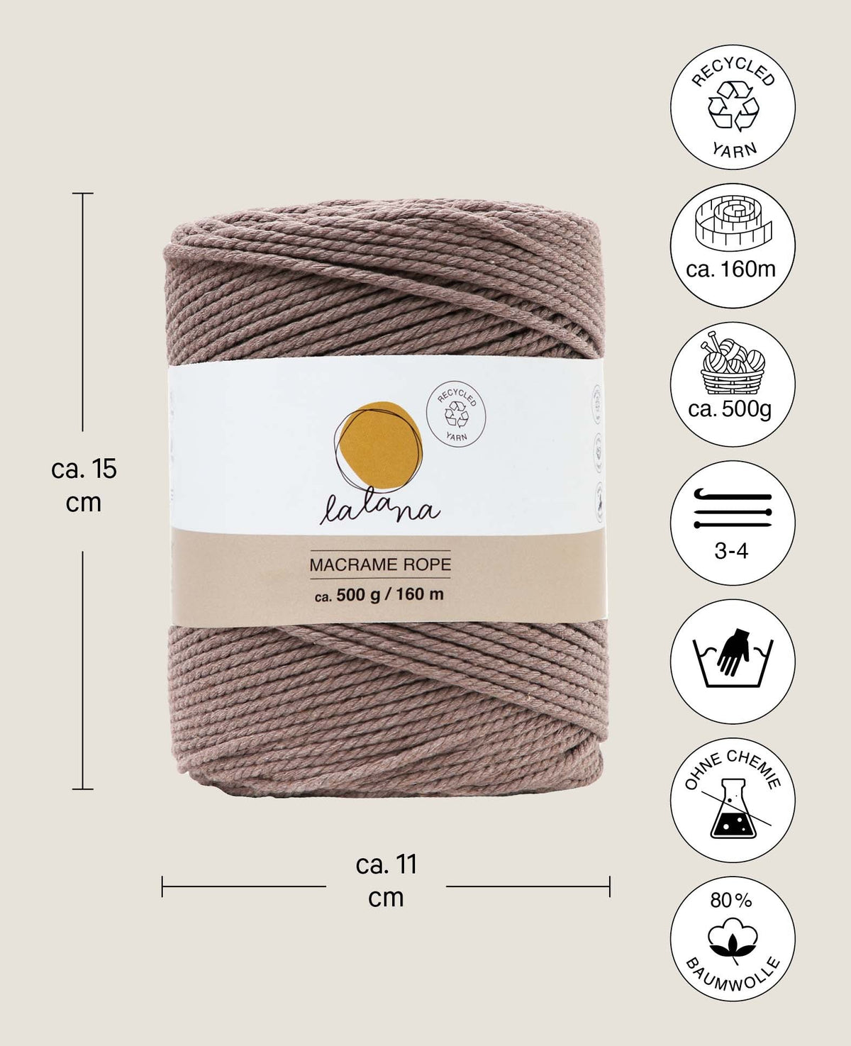 Macrame Rope coffee, Lalana Knüpfgarn für Makramee Projekte, Braun, 2 mm x ca. 160 m, ca. 500 g